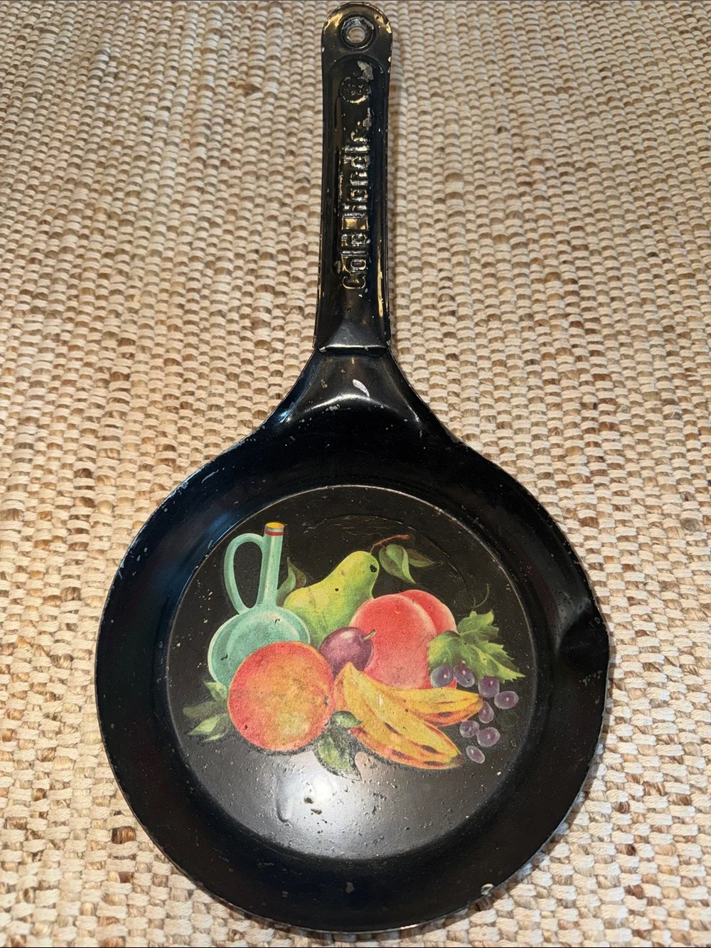 VINTAGE Handmade Cold Handle Aluminum Decorative Skillet with Fruit Motif.